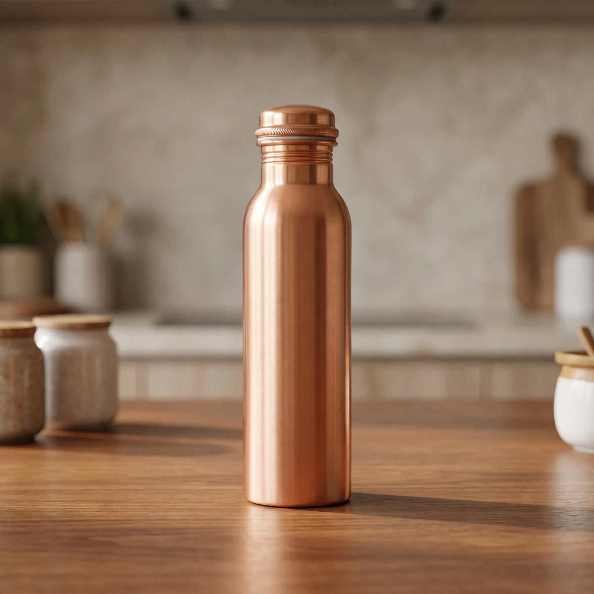 Smooth copper drinking bottle with ribbed neck and screw-on lid