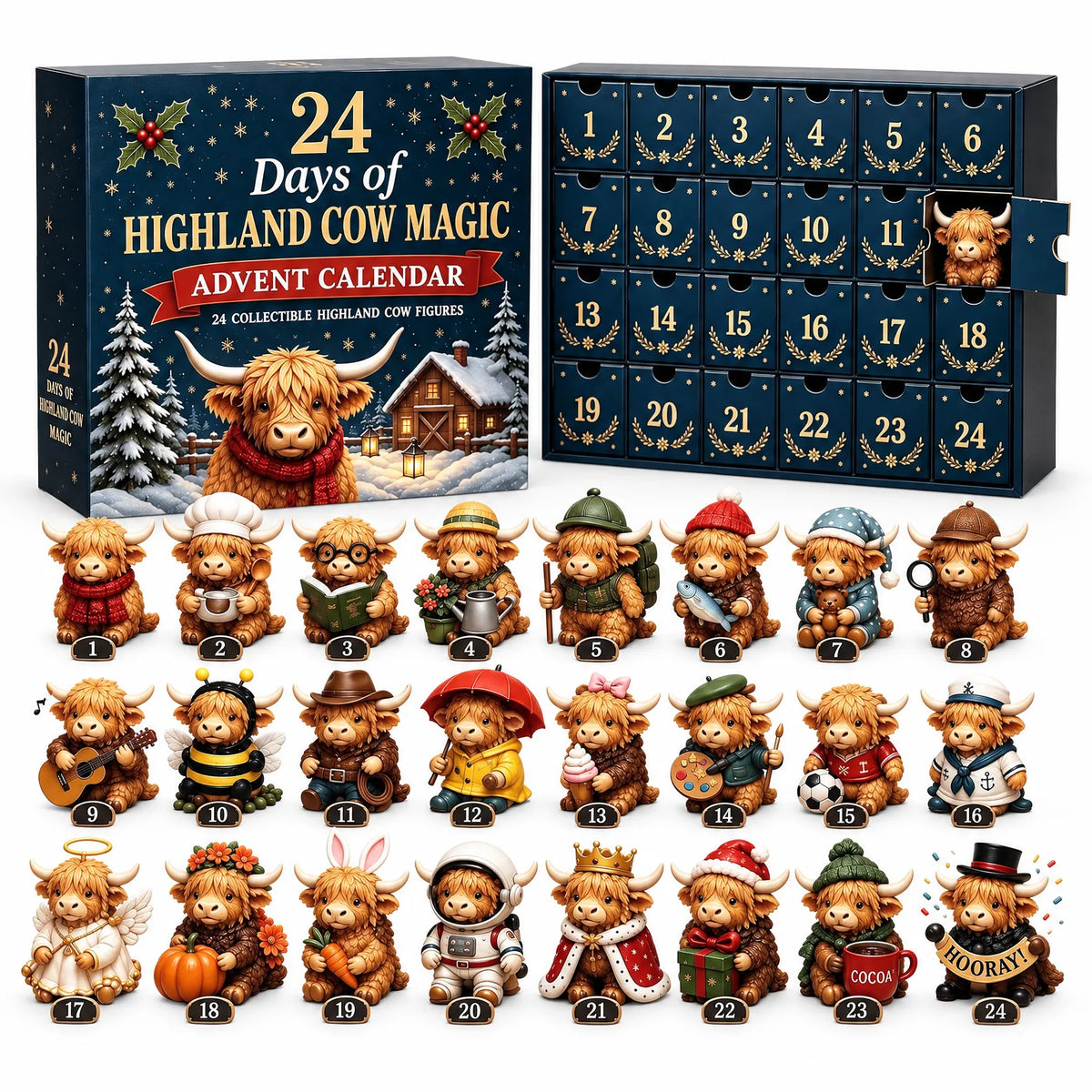Tarnview - Highland Cow Advent Calendar With Figures Count Down To Christmas One Day At A Time