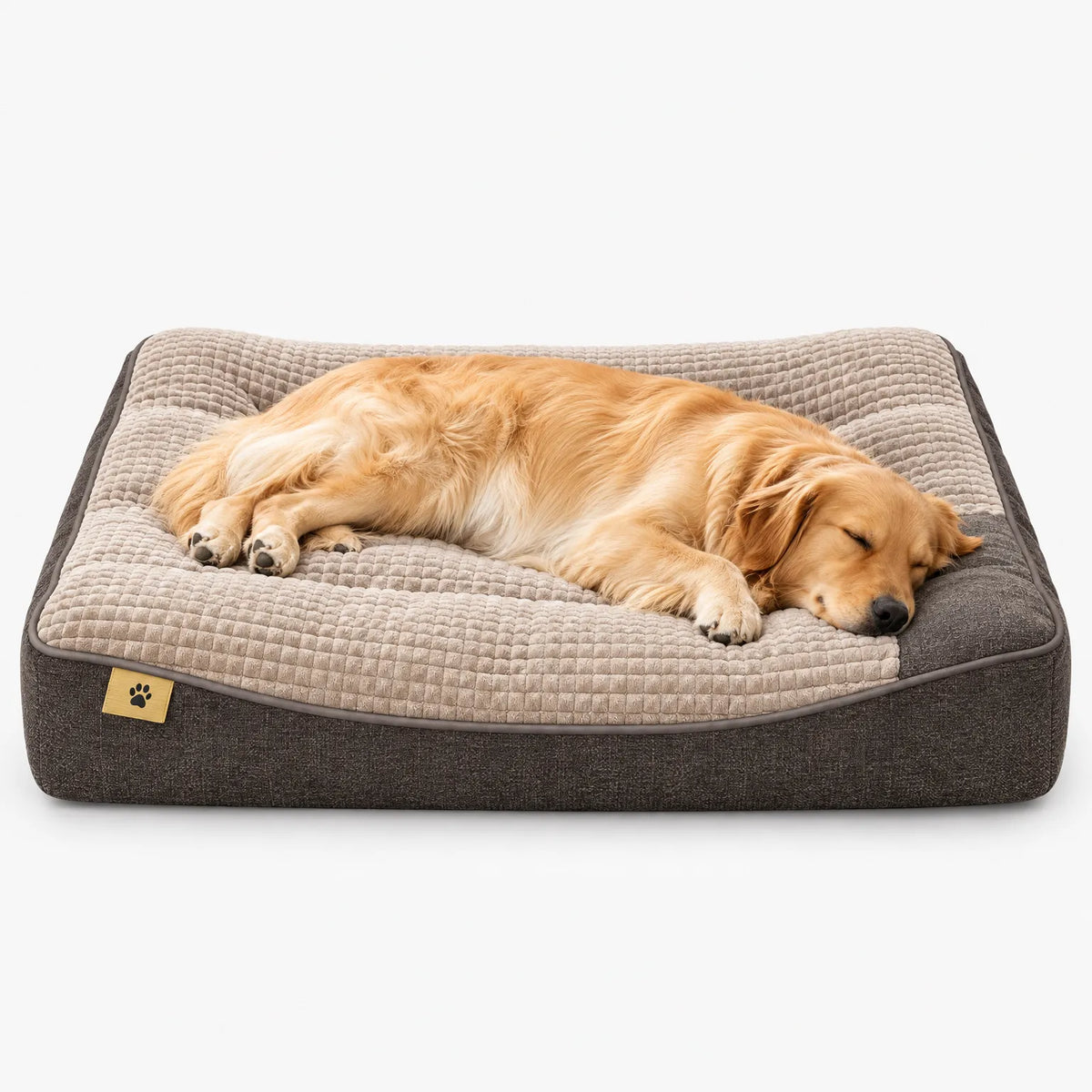 Raised dog bed with memory foam cushion and waffle-textured surface
