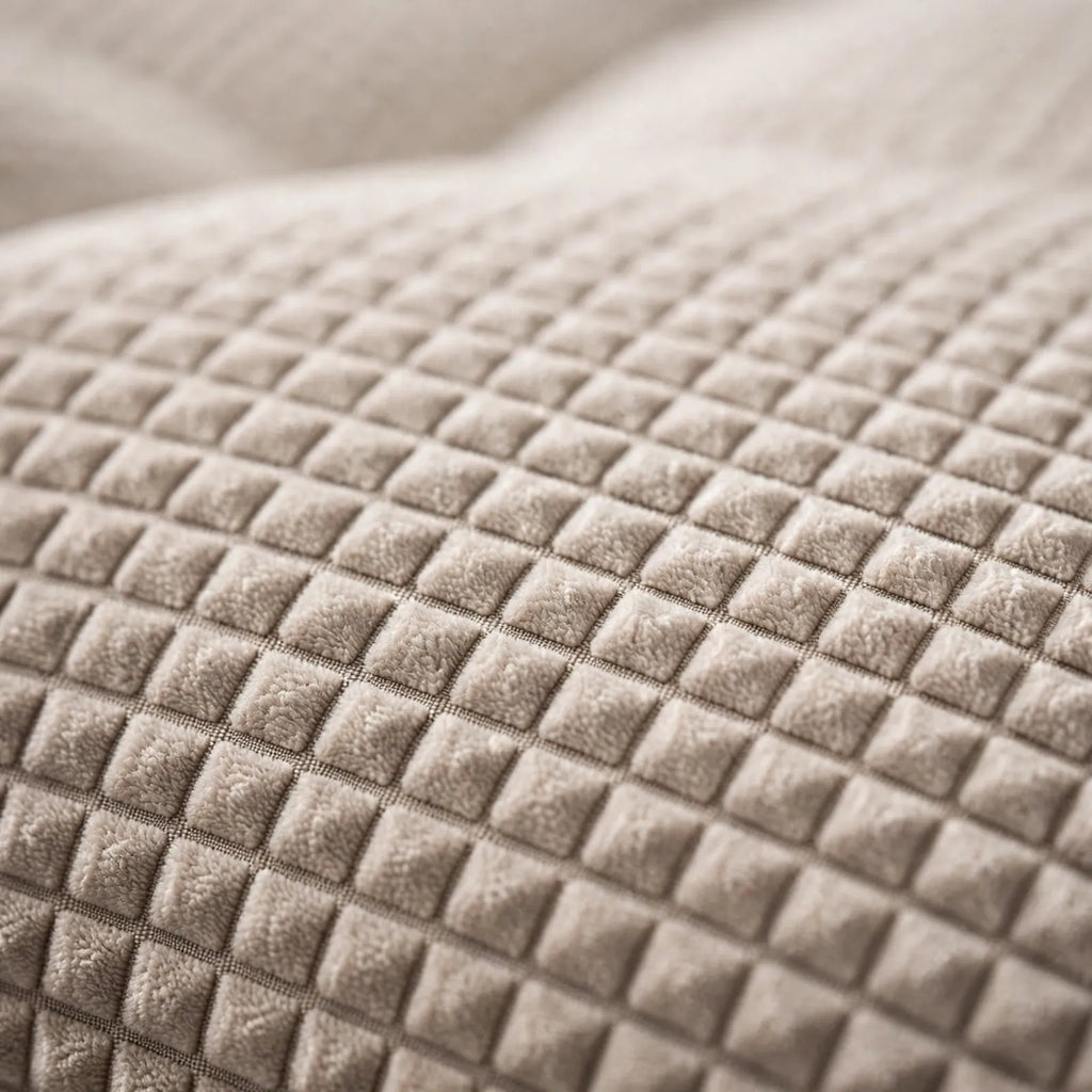 Raised dog bed with memory foam cushion and waffle-textured surface
