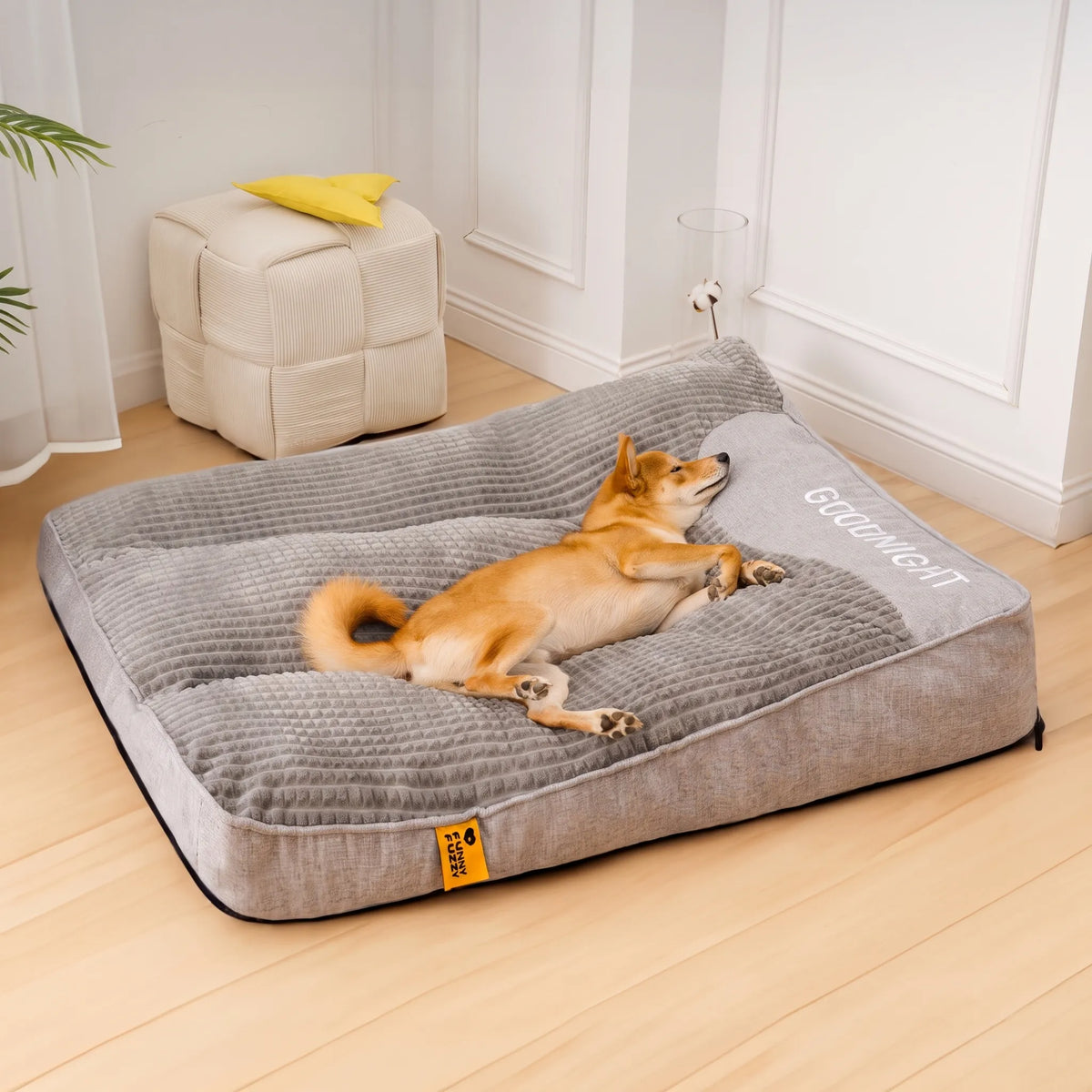 Raised dog bed with memory foam cushion and waffle-textured surface