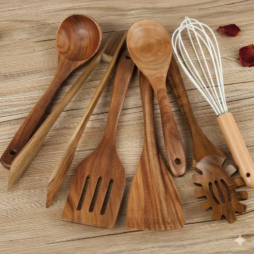 Seven-piece brown wooden kitchen utensil set with spoons, spatulas, tongs and whisk