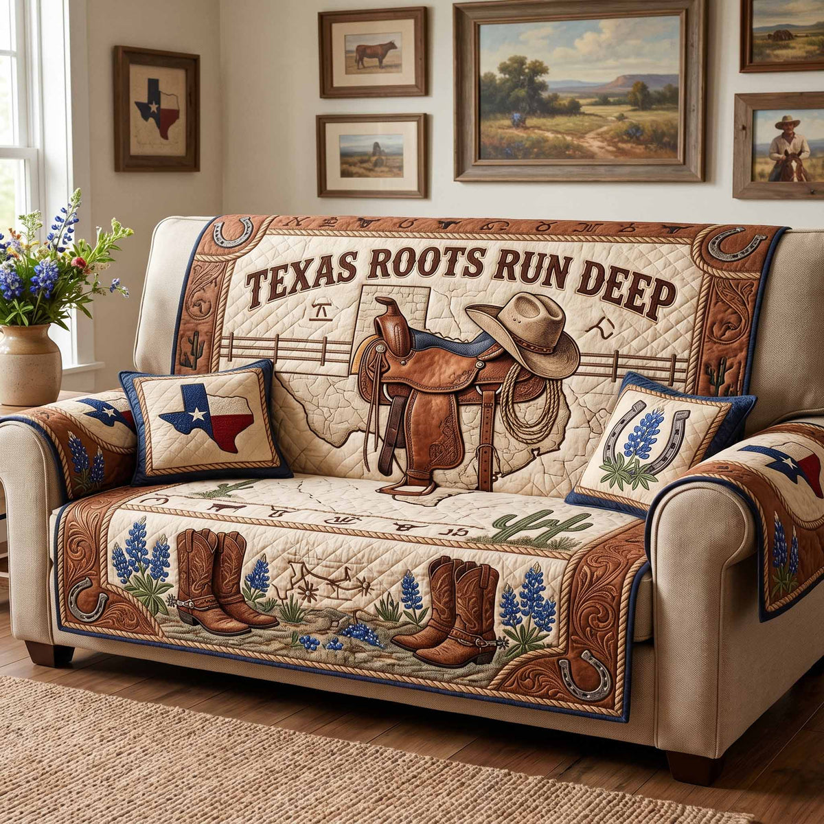 Beige quilted sofa cover with Western cowboy boot saddle and horseshoe design