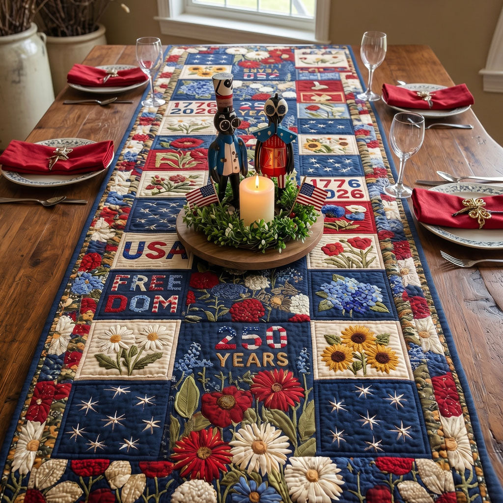 Quilted patriotic patchwork table runner with floral and star panels