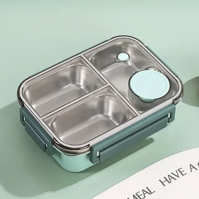 Compartment food storage container with stainless steel interior and round lidded insert