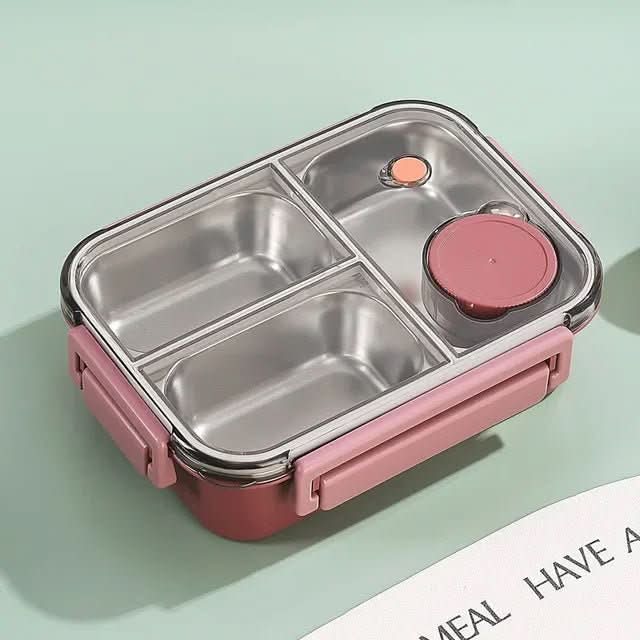 Compartment food storage container with stainless steel interior and round lidded insert