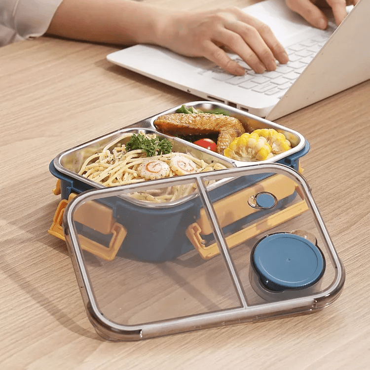 Compartment food storage container with stainless steel interior and round lidded insert