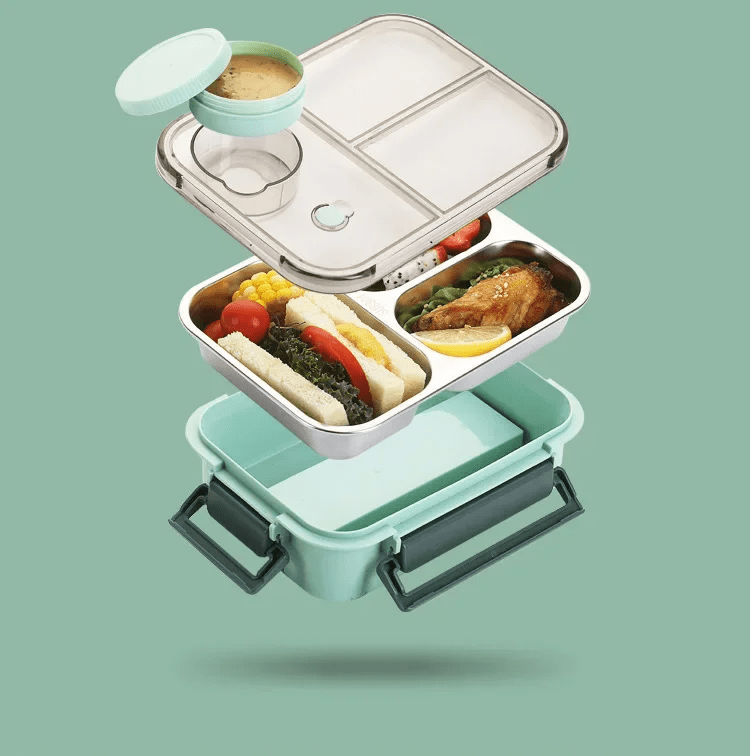 Compartment food storage container with stainless steel interior and round lidded insert
