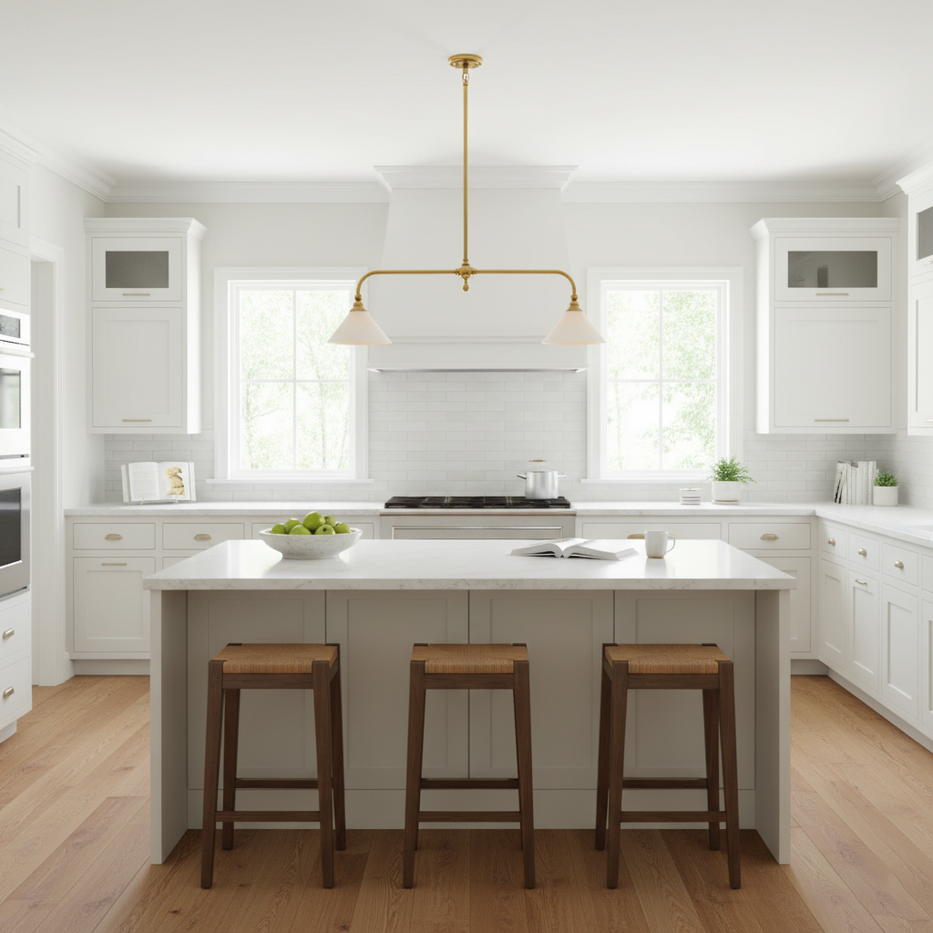 Gold pendant ceiling light with two white conical shades
