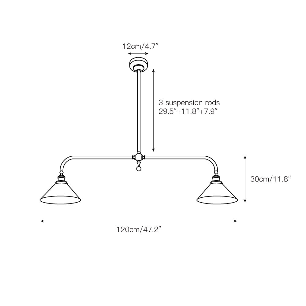 Gold pendant ceiling light with two white conical shades