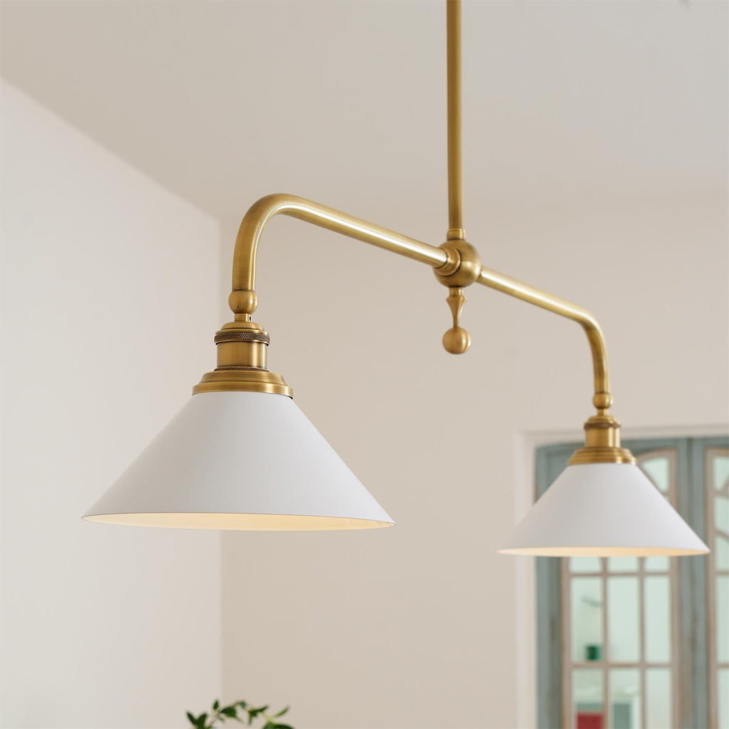Gold pendant ceiling light with two white conical shades