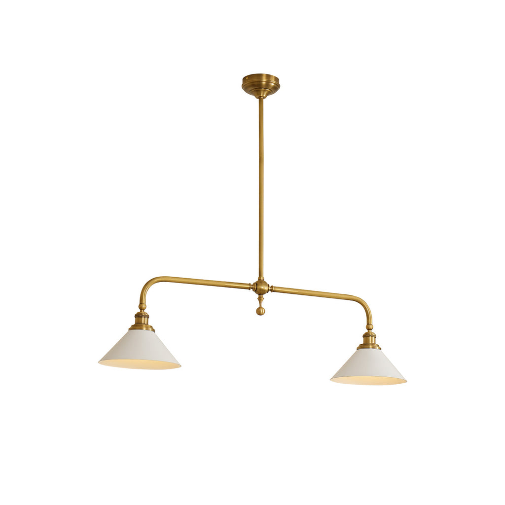 Gold pendant ceiling light with two white conical shades