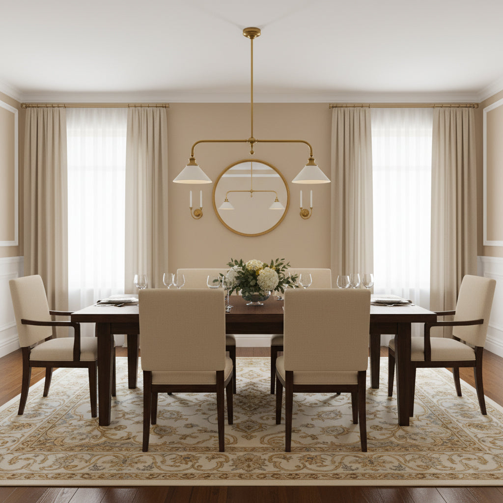 Gold pendant ceiling light with two white conical shades