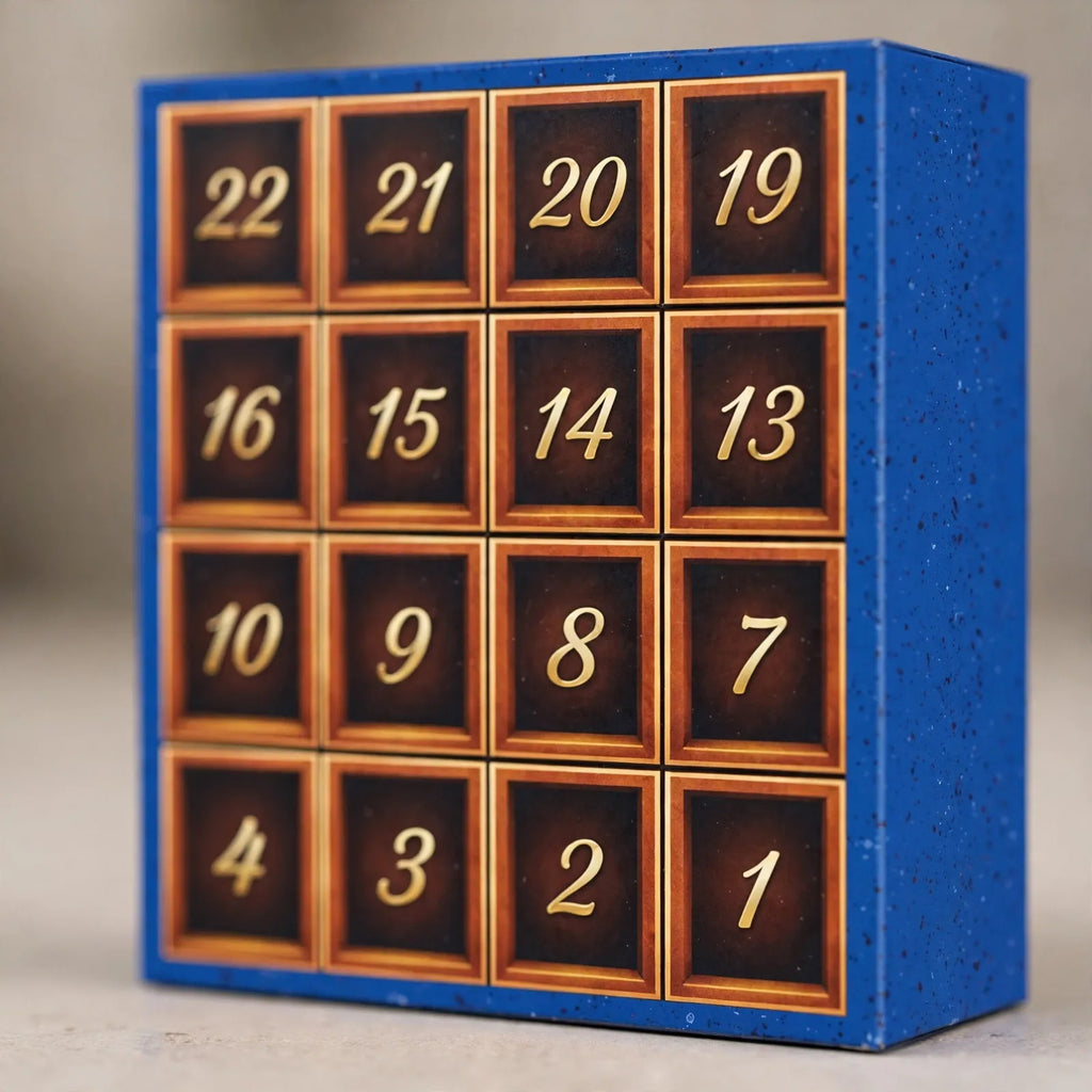 Blue advent calendar with 24 numbered doors and collectible toy figures