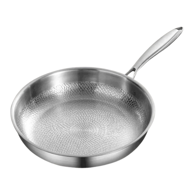 Silver non-stick frying pan with honeycomb cooking surface and long handle