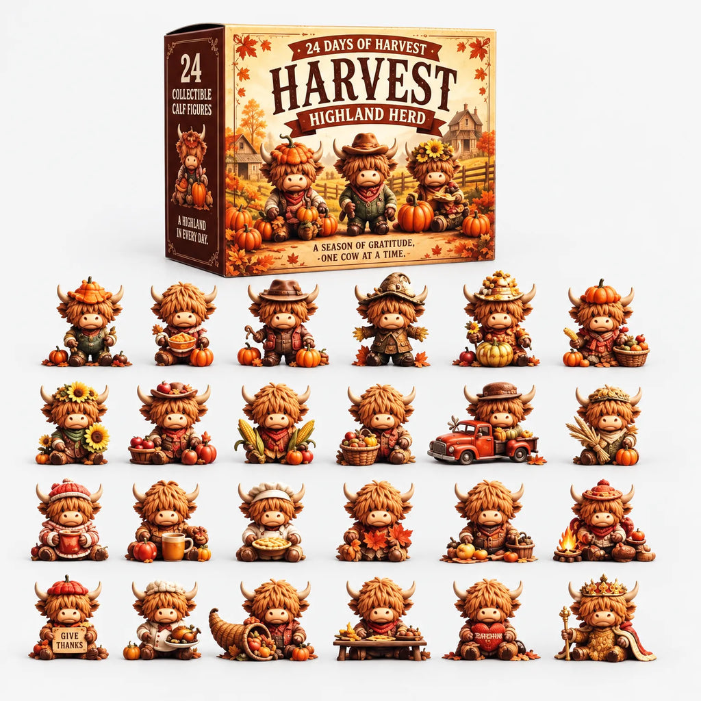 24-day harvest-themed calendar with collectible Highland cattle figures
