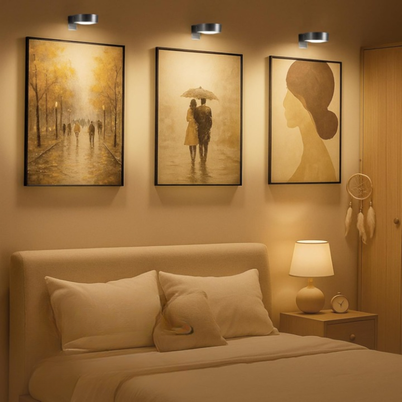 Wireless wall-mounted picture light above framed artwork with remote control
