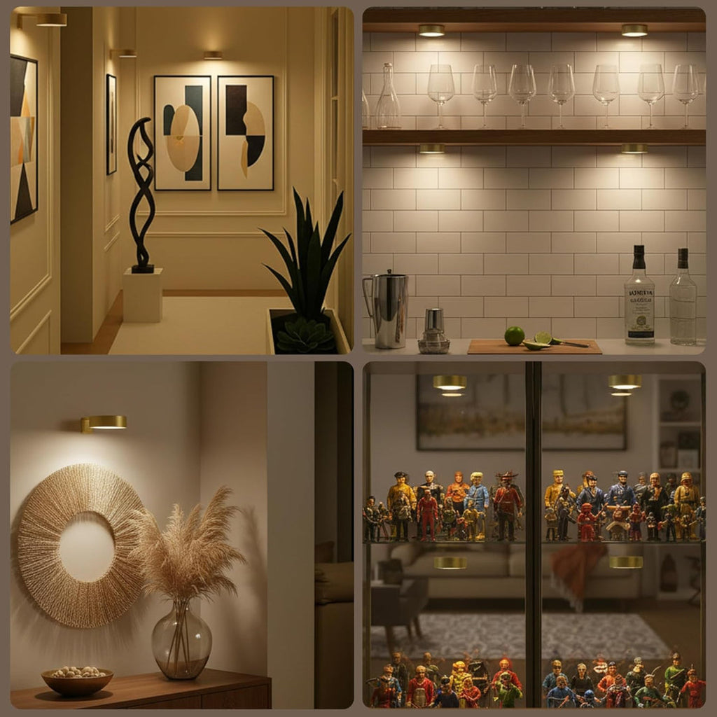 Wireless wall-mounted picture light above framed artwork with remote control