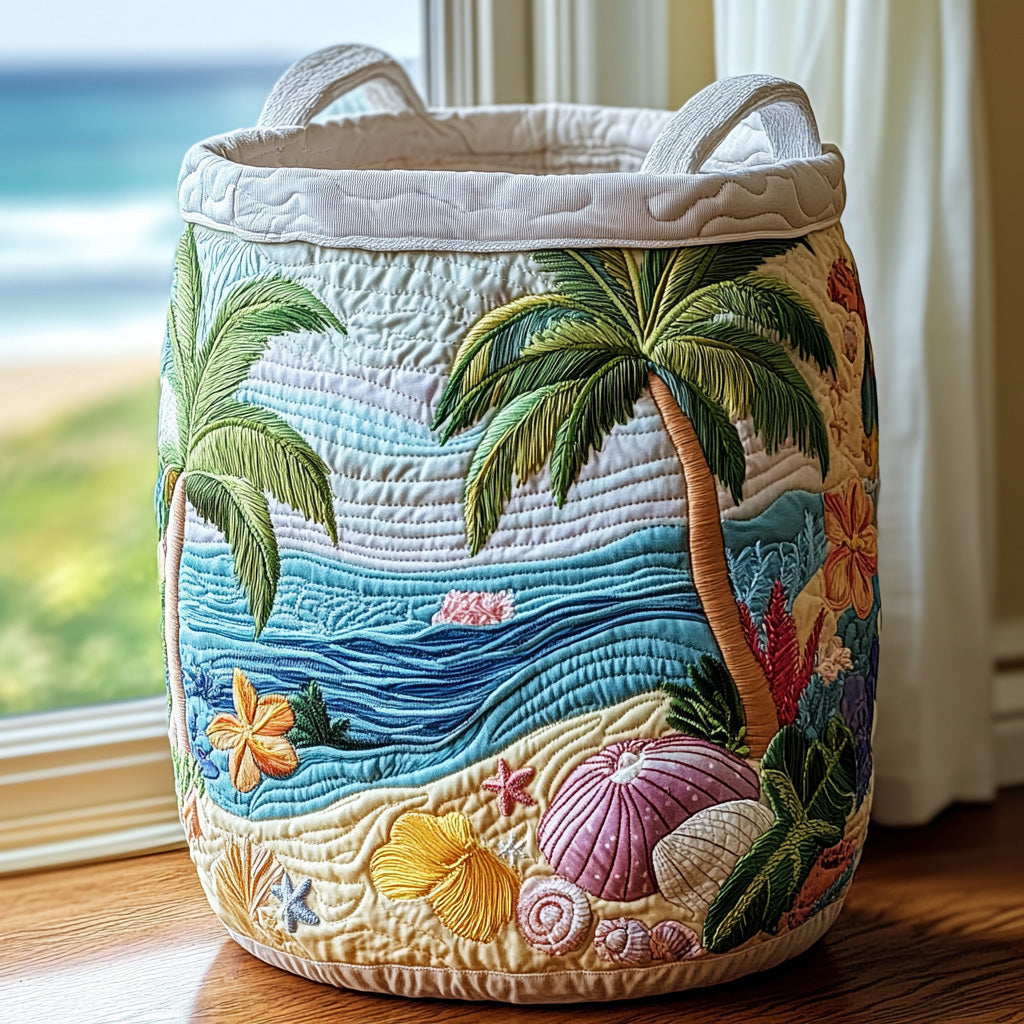 Cream quilted laundry basket with tropical palm, beach and floral design