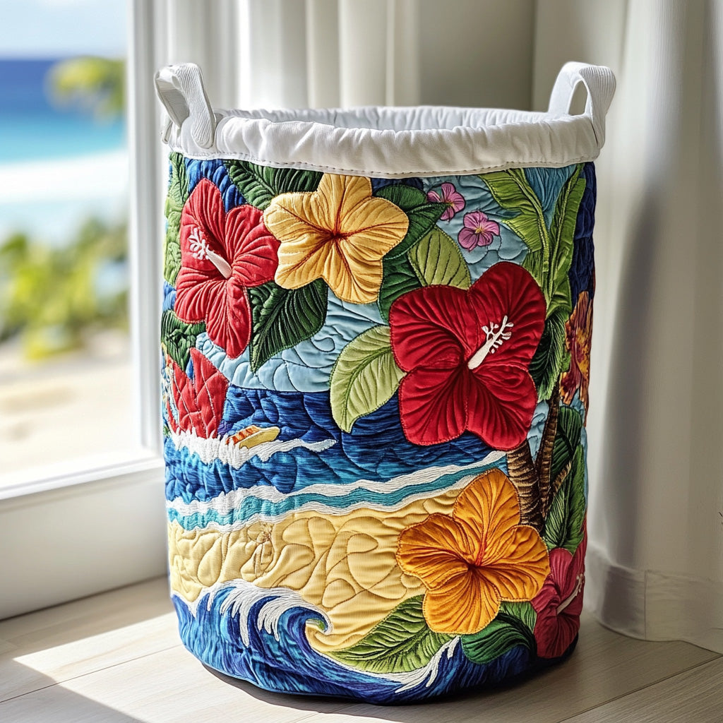 Cream quilted laundry basket with tropical palm, beach and floral design