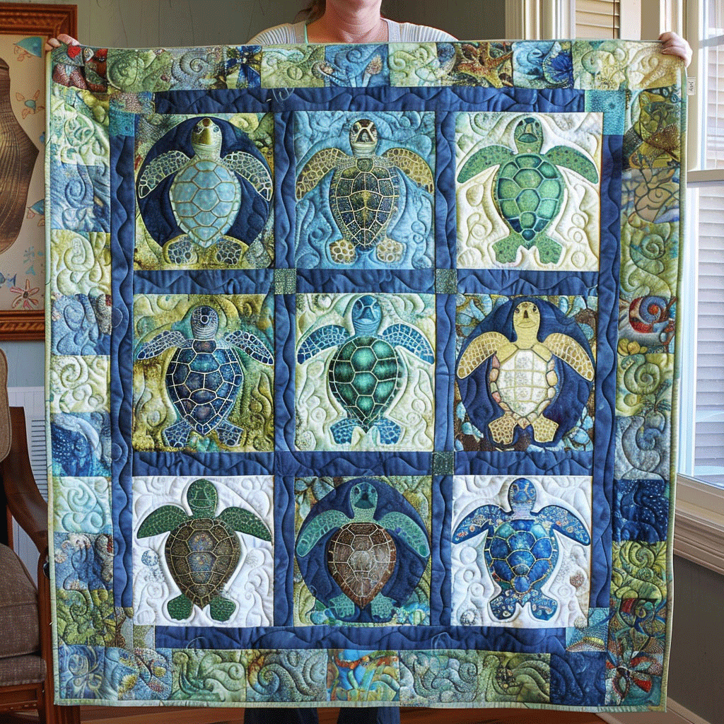 Multicoloured quilted blanket with decorative turtle patchwork panels