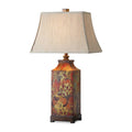 Floral table lamp with beige tapered shade and colourful patterned base