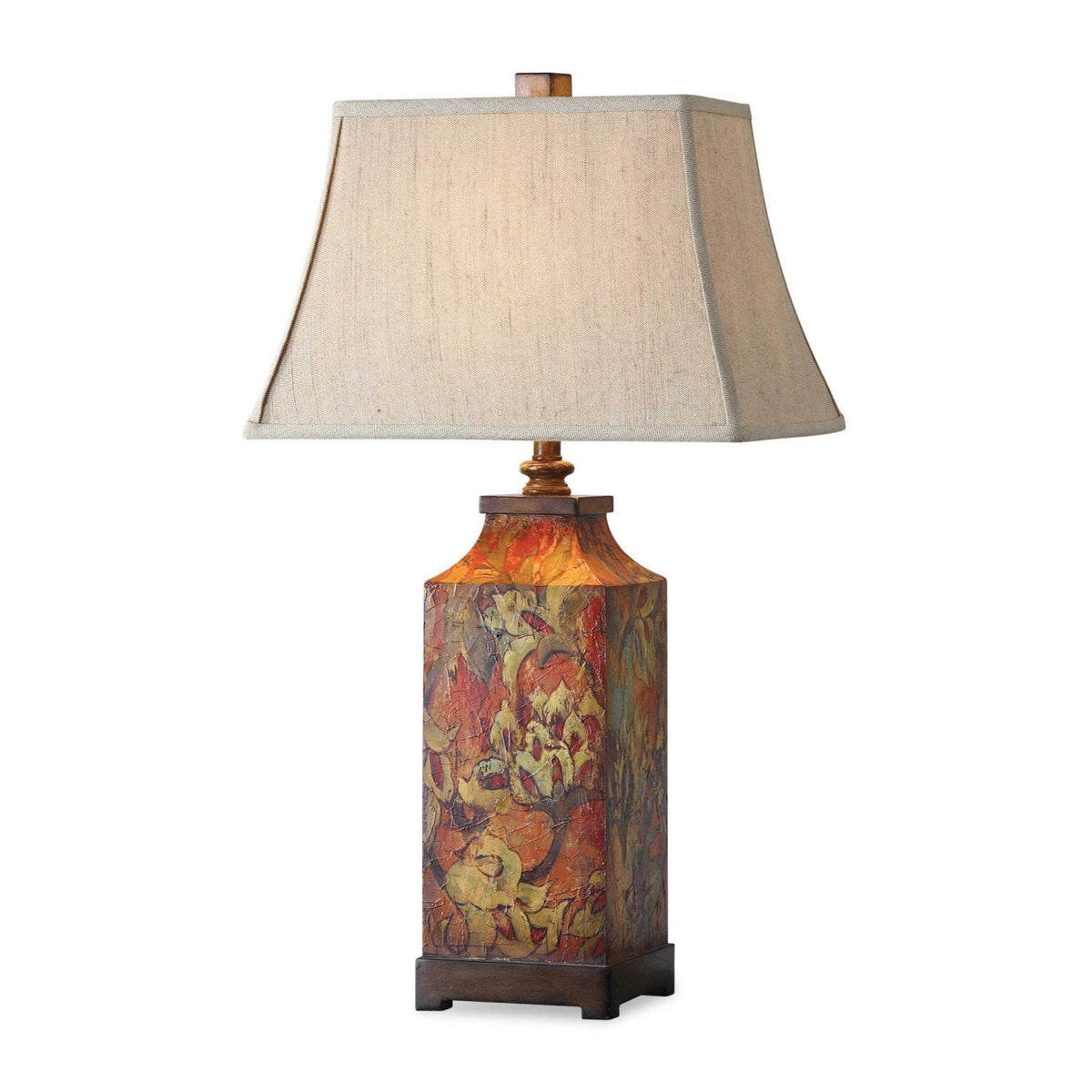 Floral table lamp with beige tapered shade and colourful patterned base