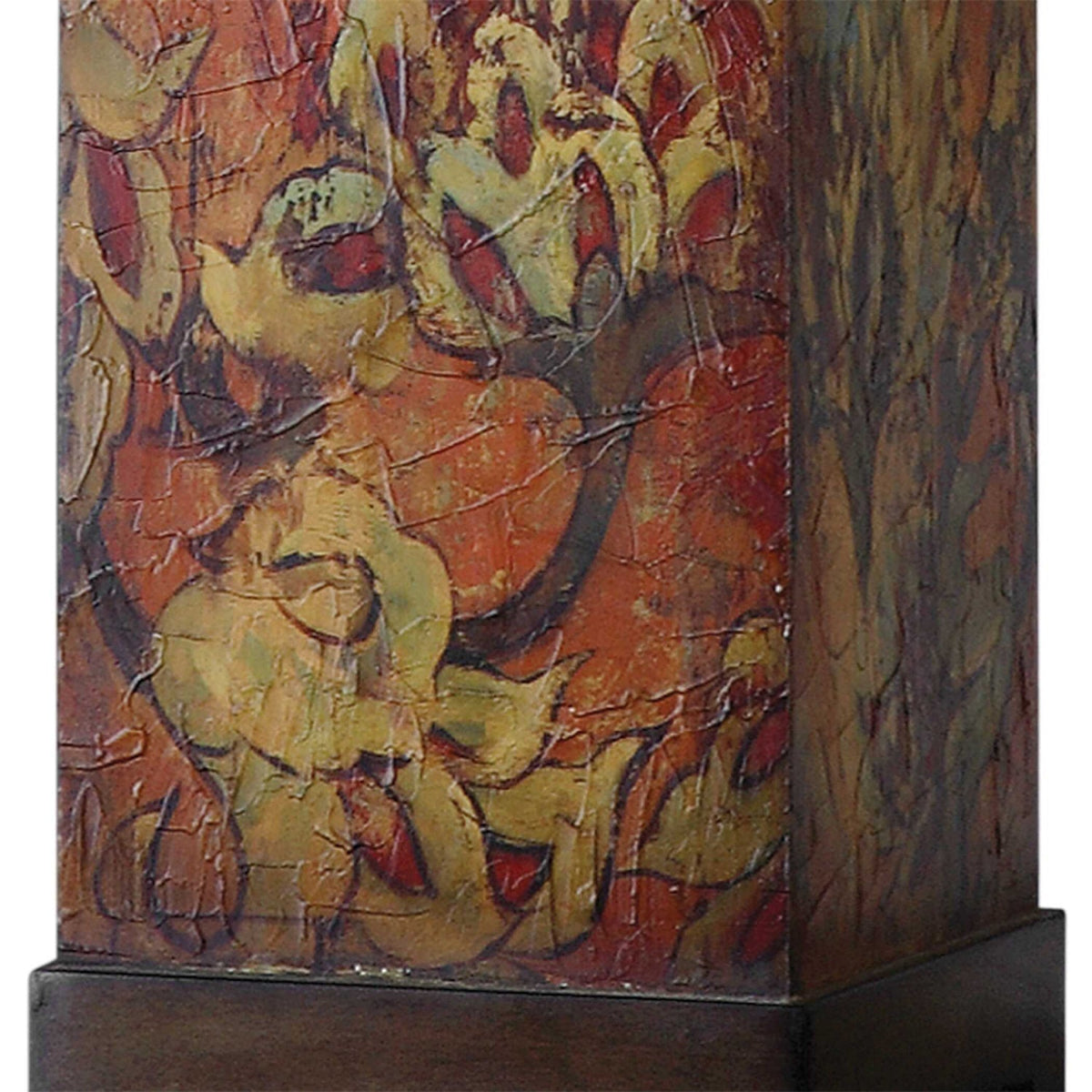 Floral table lamp with beige tapered shade and colourful patterned base