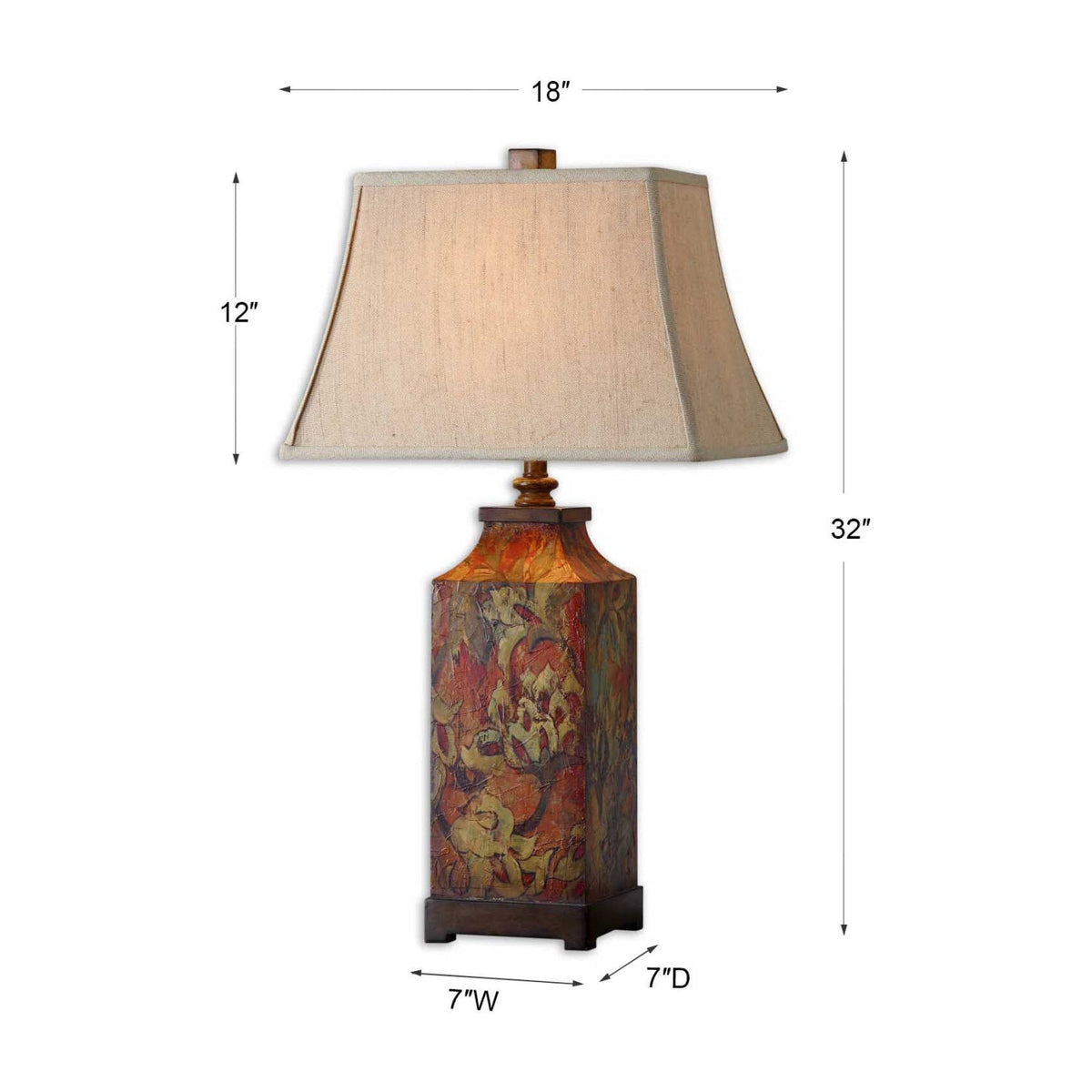 Floral table lamp with beige tapered shade and colourful patterned base