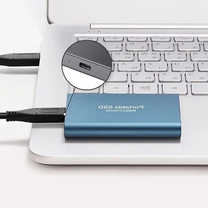 Portable external SSD with USB-C port and rounded aluminium-style casing