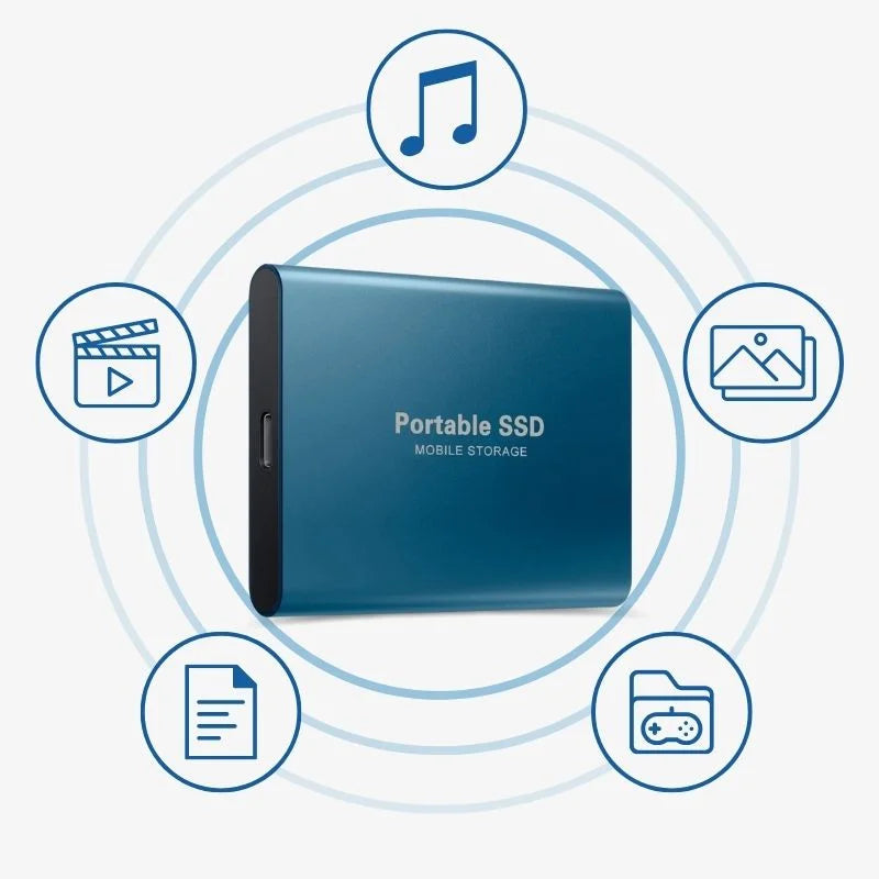 Portable external SSD with USB-C port and rounded aluminium-style casing