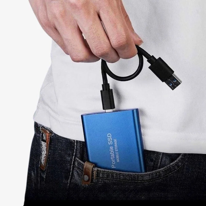 Portable external SSD with USB-C port and rounded aluminium-style casing