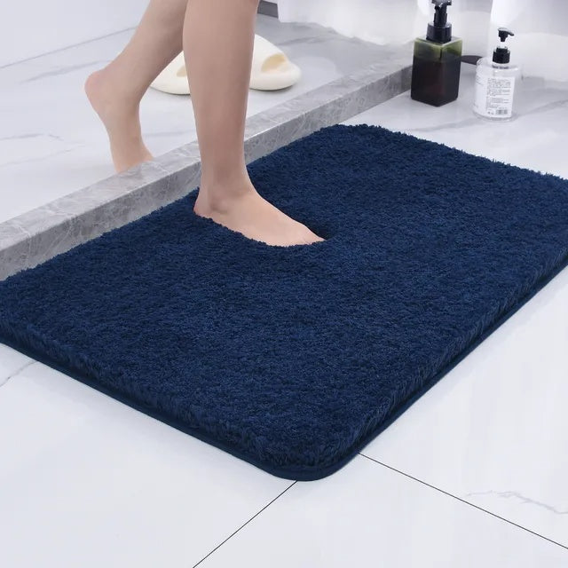 Plush pile rectangular bathroom mat with rounded corners