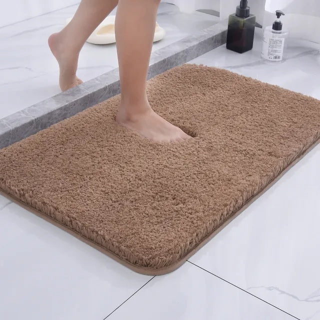 Plush pile rectangular bathroom mat with rounded corners