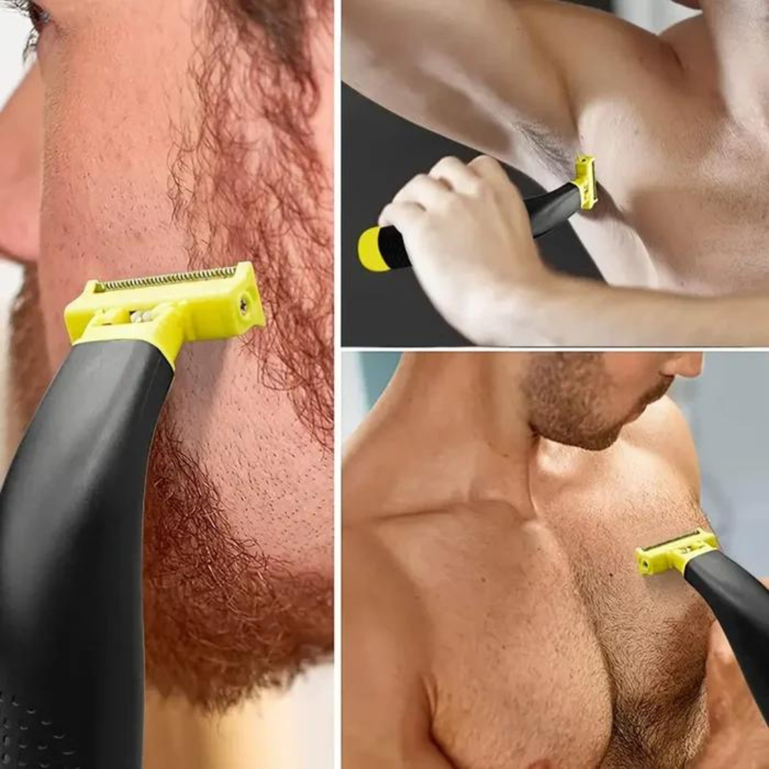 Black and yellow electric face and body shaver with four comb guards and cleaning brush