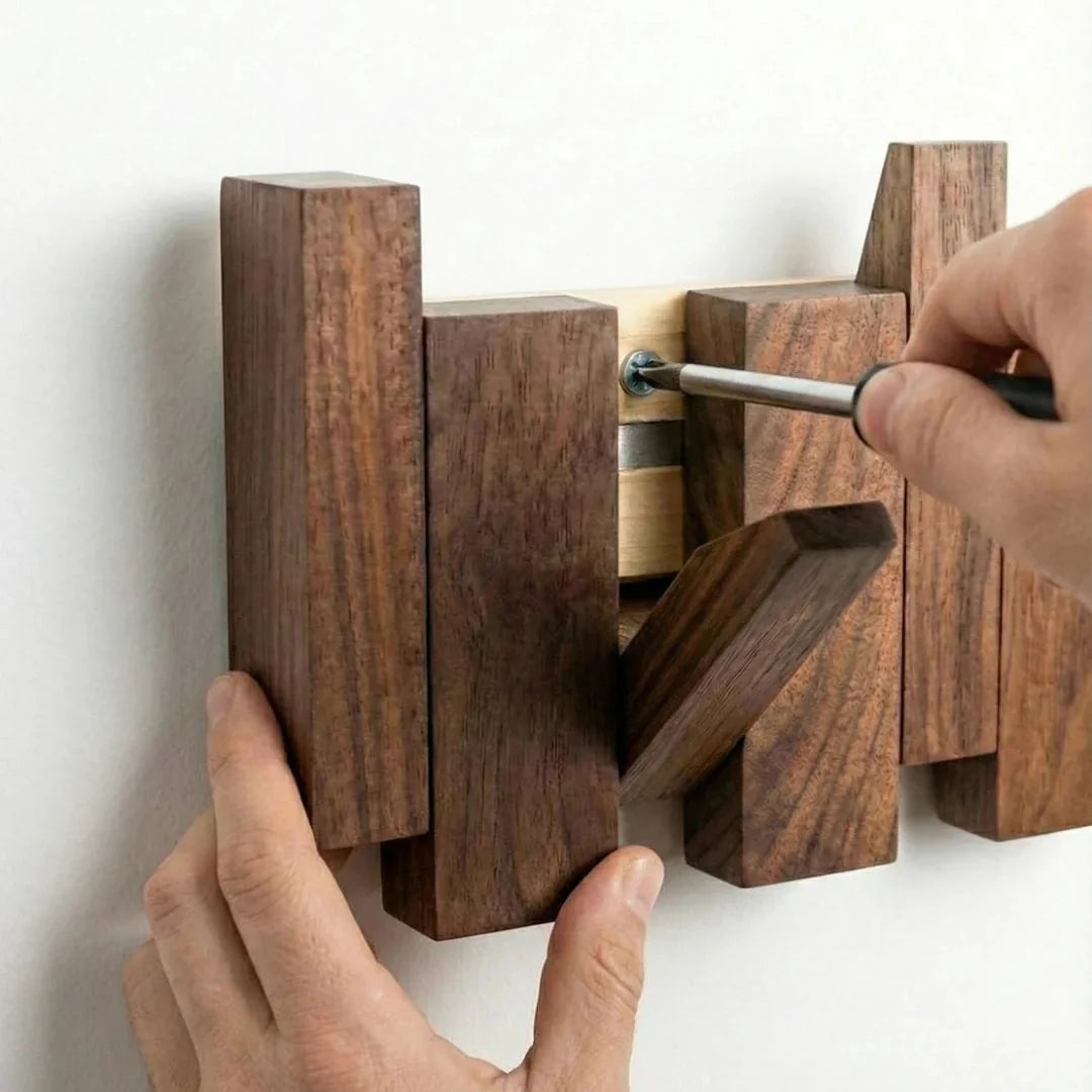 Wooden wall-mounted coat rack with multiple angled hooks