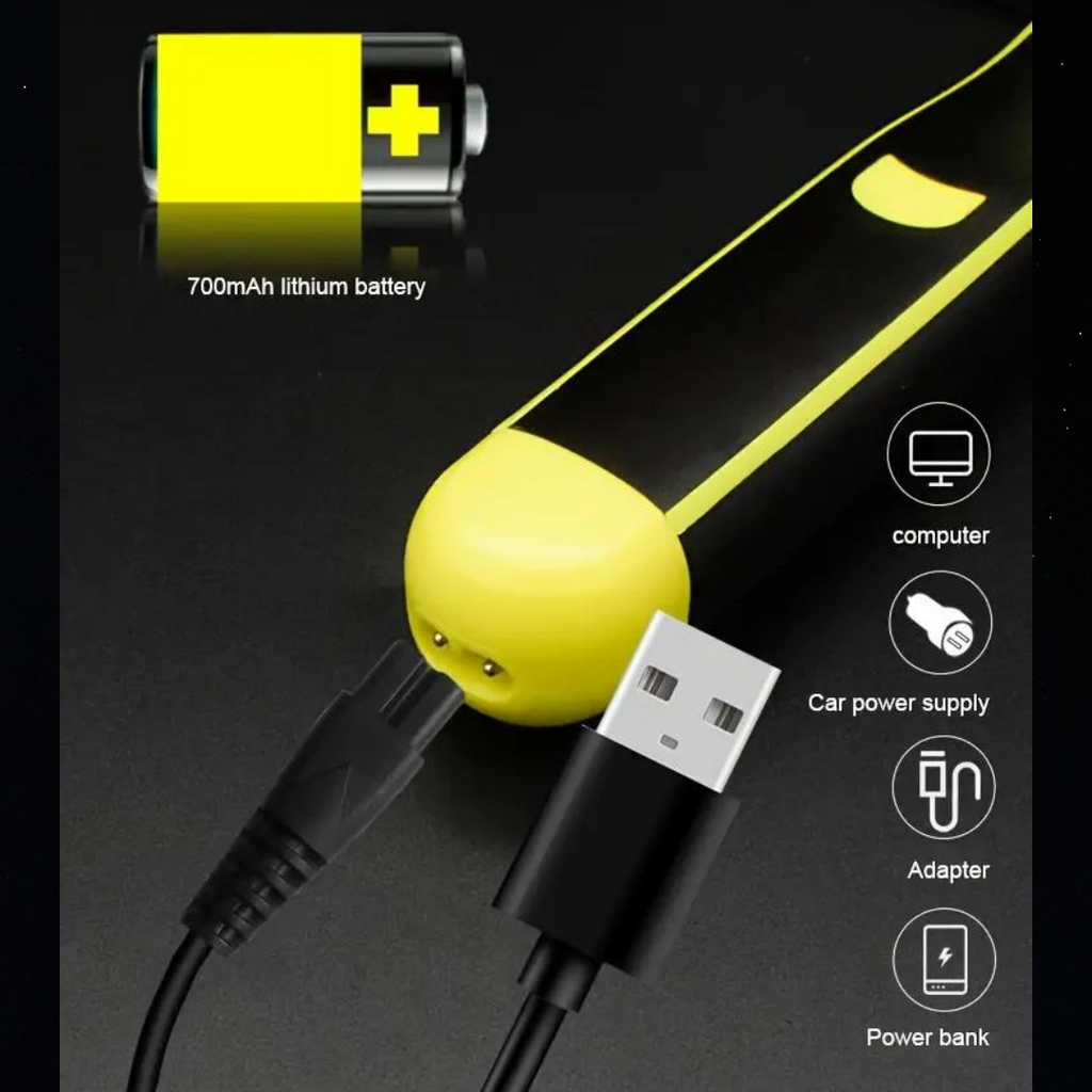 Black and yellow electric face and body shaver with four comb guards and cleaning brush
