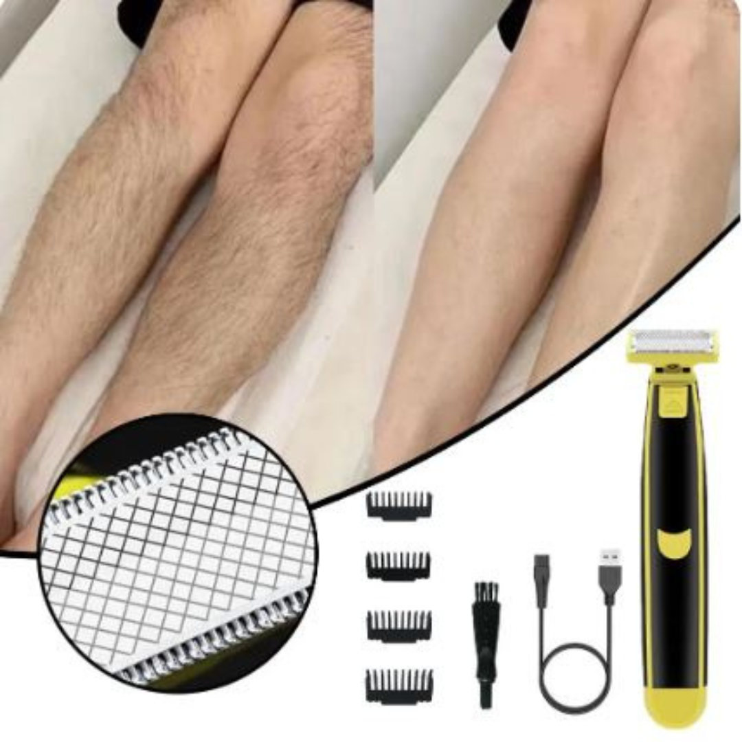 Black and yellow electric face and body shaver with four comb guards and cleaning brush