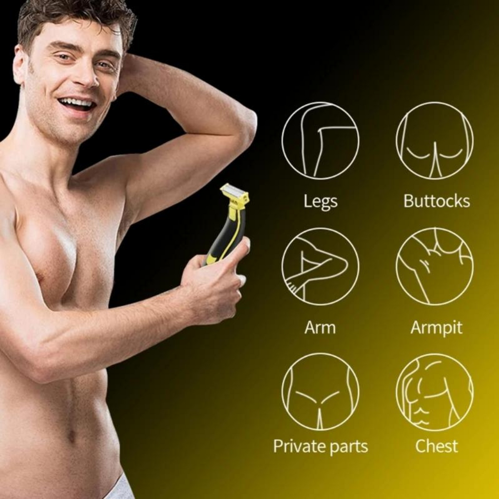 Black and yellow electric face and body shaver with four comb guards and cleaning brush