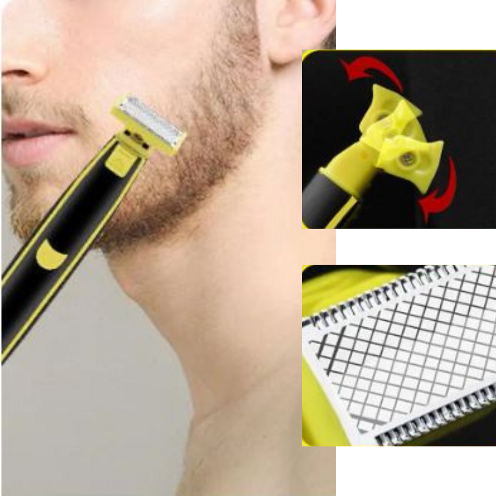 Black and yellow electric face and body shaver with four comb guards and cleaning brush
