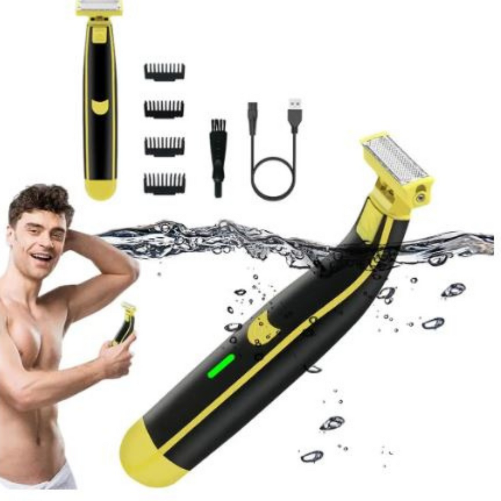 Black and yellow electric face and body shaver with four comb guards and cleaning brush