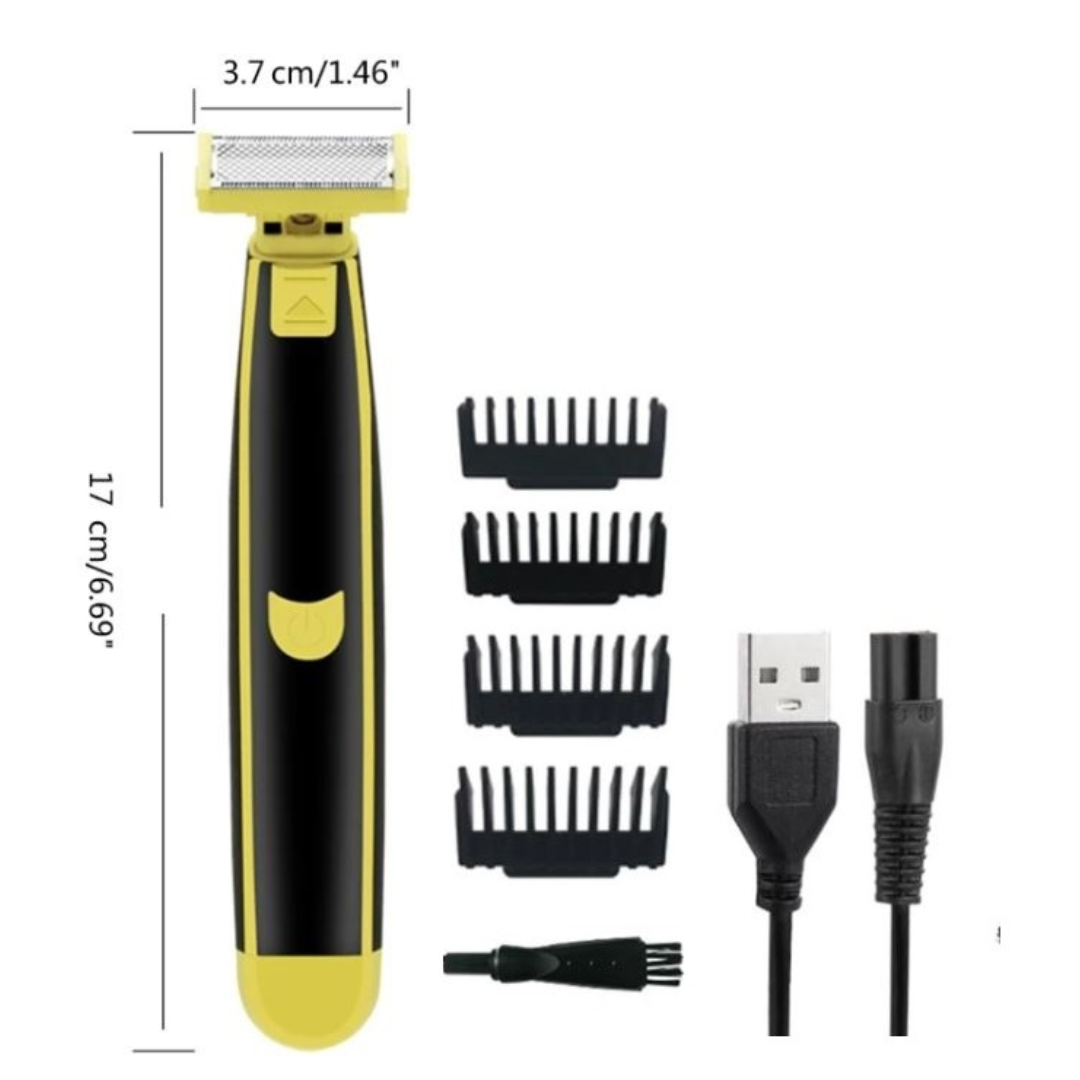 Black and yellow electric face and body shaver with four comb guards and cleaning brush