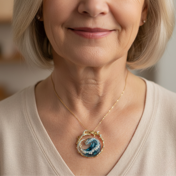 Gold-tone necklace with a circular blue wave pendant
