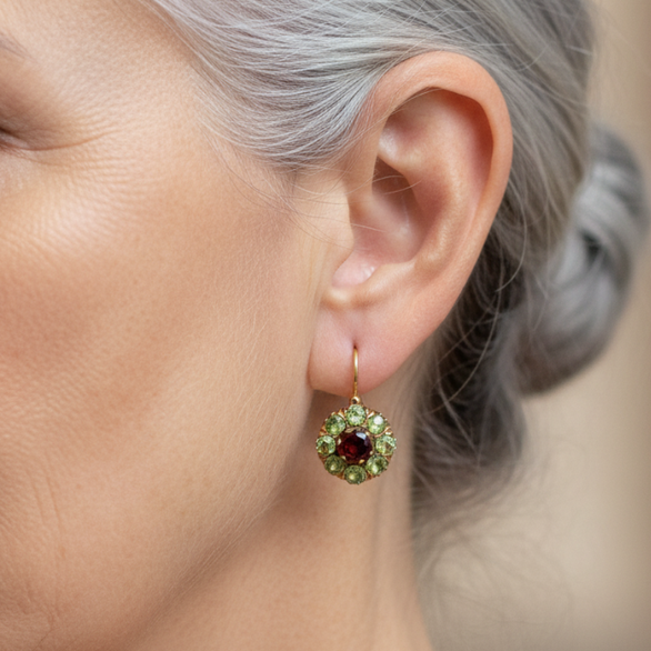 Gold-tone drop earrings with green and red faceted stones