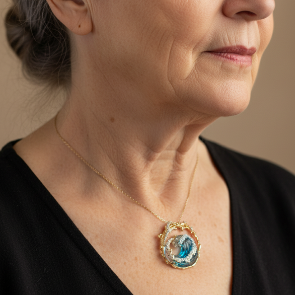 Gold-tone necklace with a circular blue wave pendant