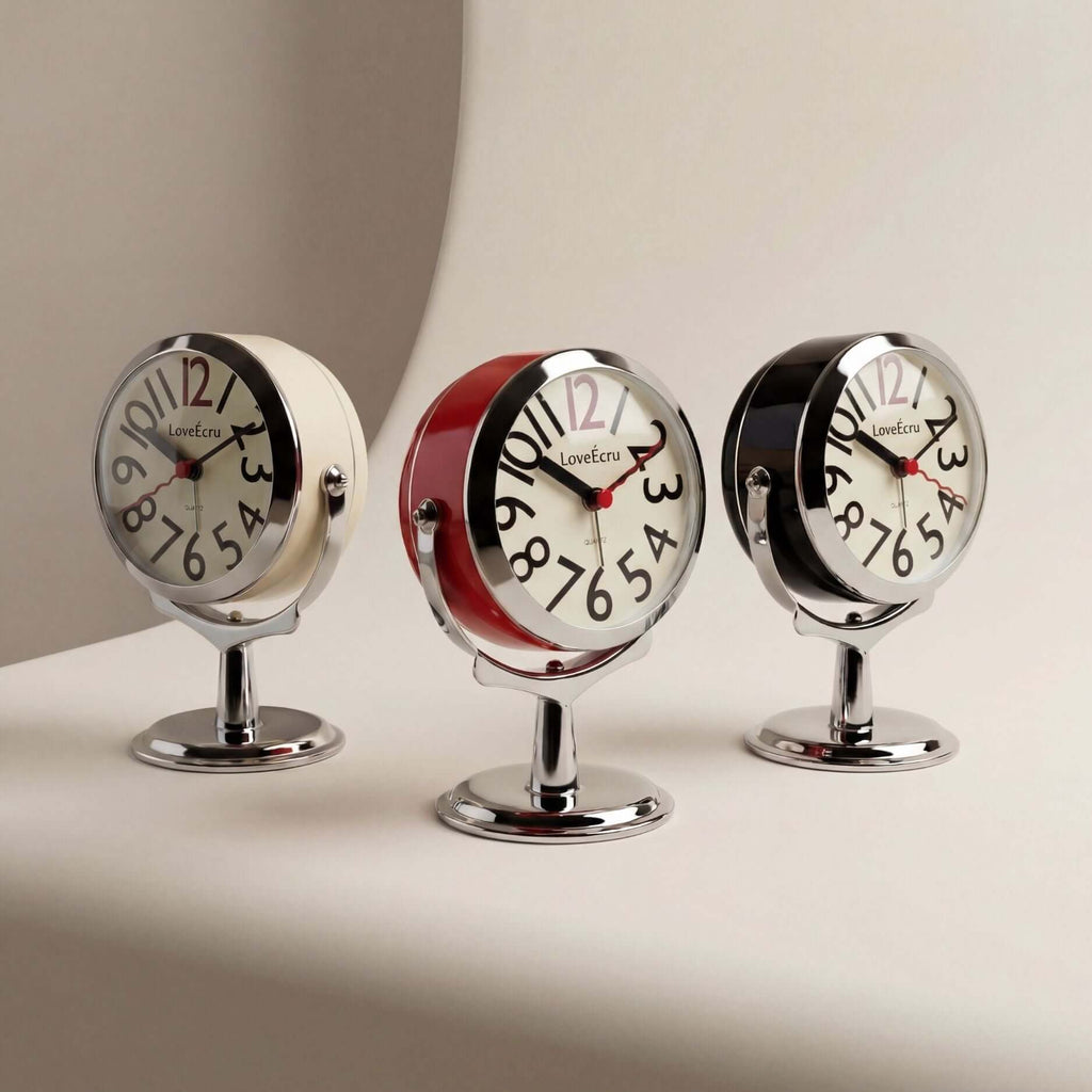 Freestanding analogue alarm clock with bold numbered dial and chrome effect stand