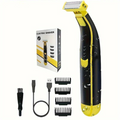 Black and yellow electric face and body shaver with four comb guards and cleaning brush