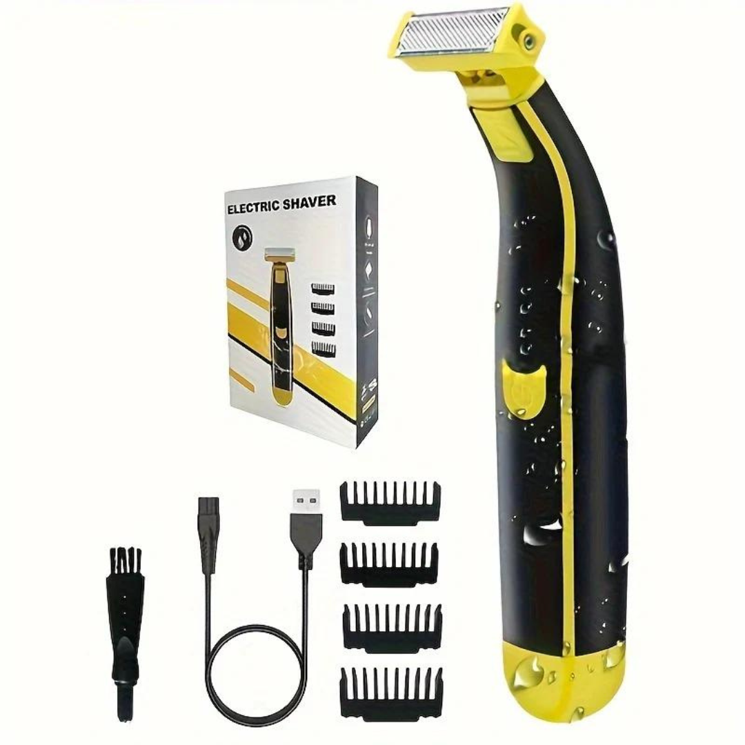 Black and yellow electric face and body shaver with four comb guards and cleaning brush