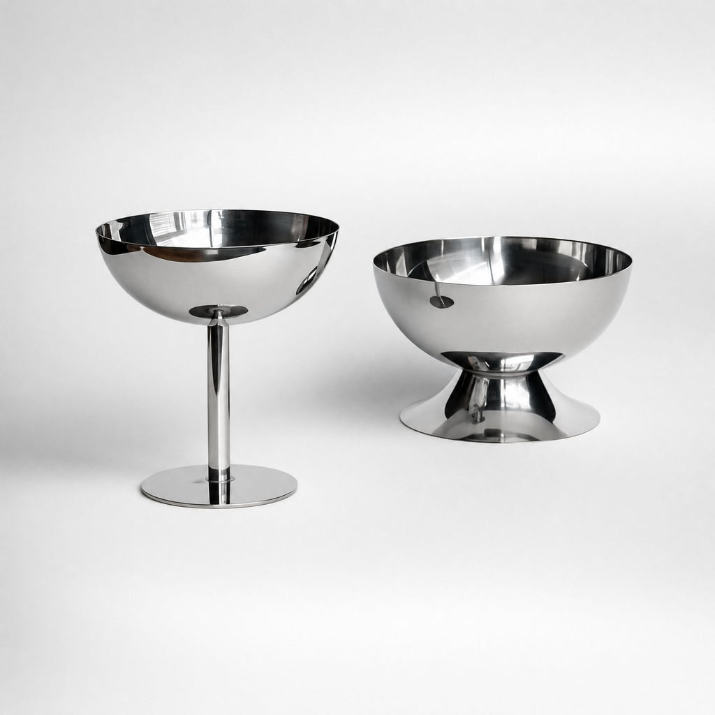 Silver stainless steel ice cream cup with a rounded bowl and pedestal base