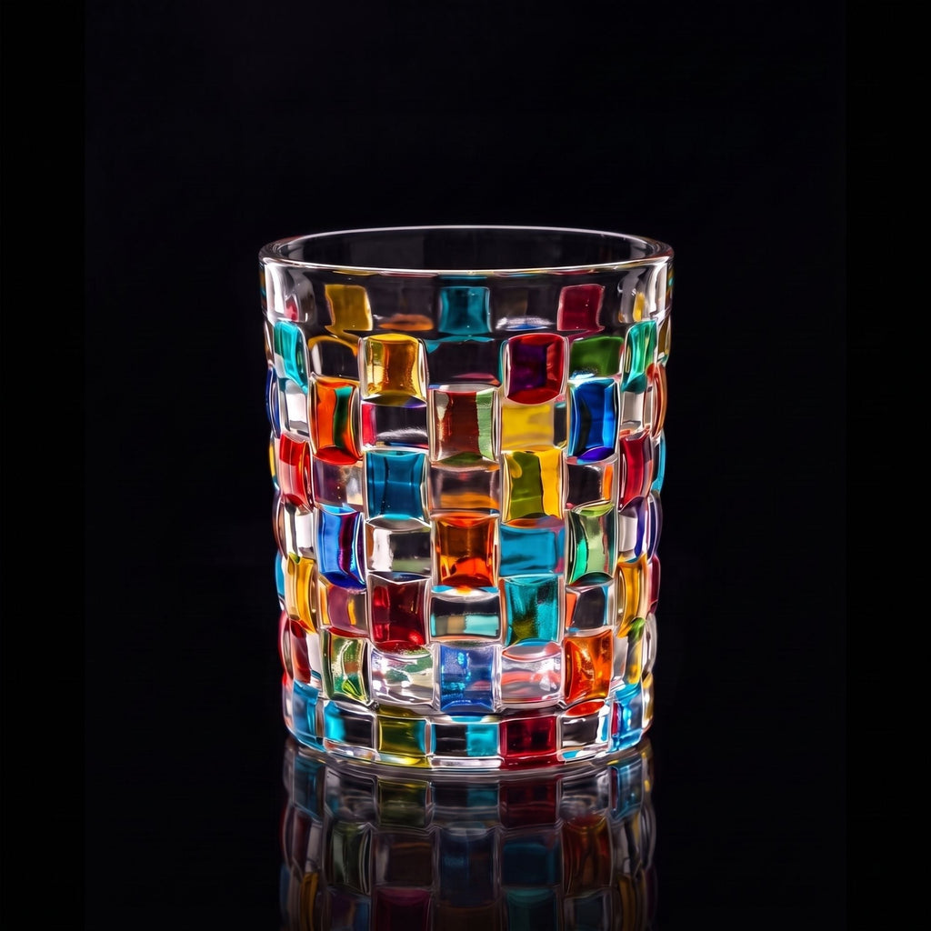 Clear glass tumbler with colourful hand-painted mosaic square design